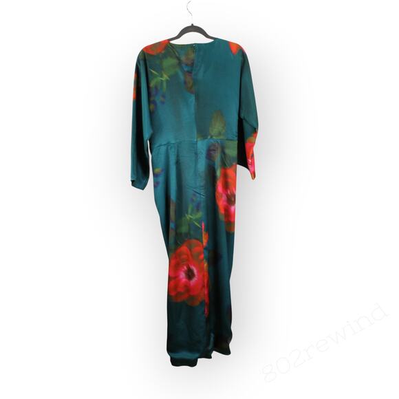 Sz 8 FIGUE Kyle Dress Floral Teal V-Neck Midi Dolman/Kimono TwistFront Satin NEW - Picture 5 of 16